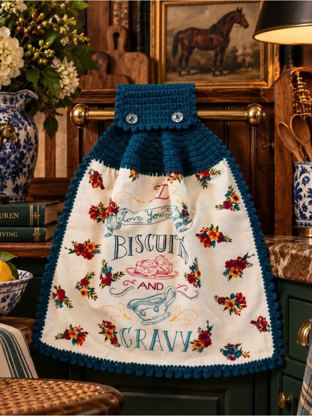 Pioneer Woman Biscuits & Gravy Crochet Hanging Kitchen Towel Teal